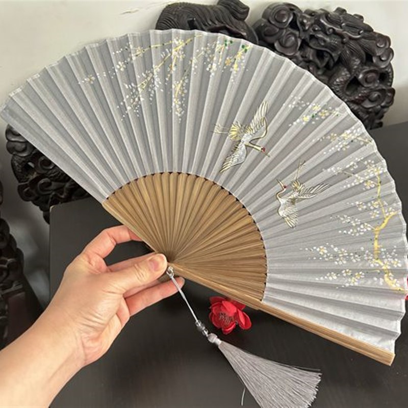 中国风手绘仙鹤梅花折扇新中式礼品扇汉服女式折叠扇夏季日用扇