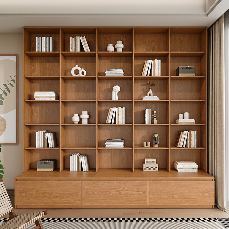 橡木定制书房满墙卡座一体书柜书架客厅到顶全实木摆件整墙展示柜