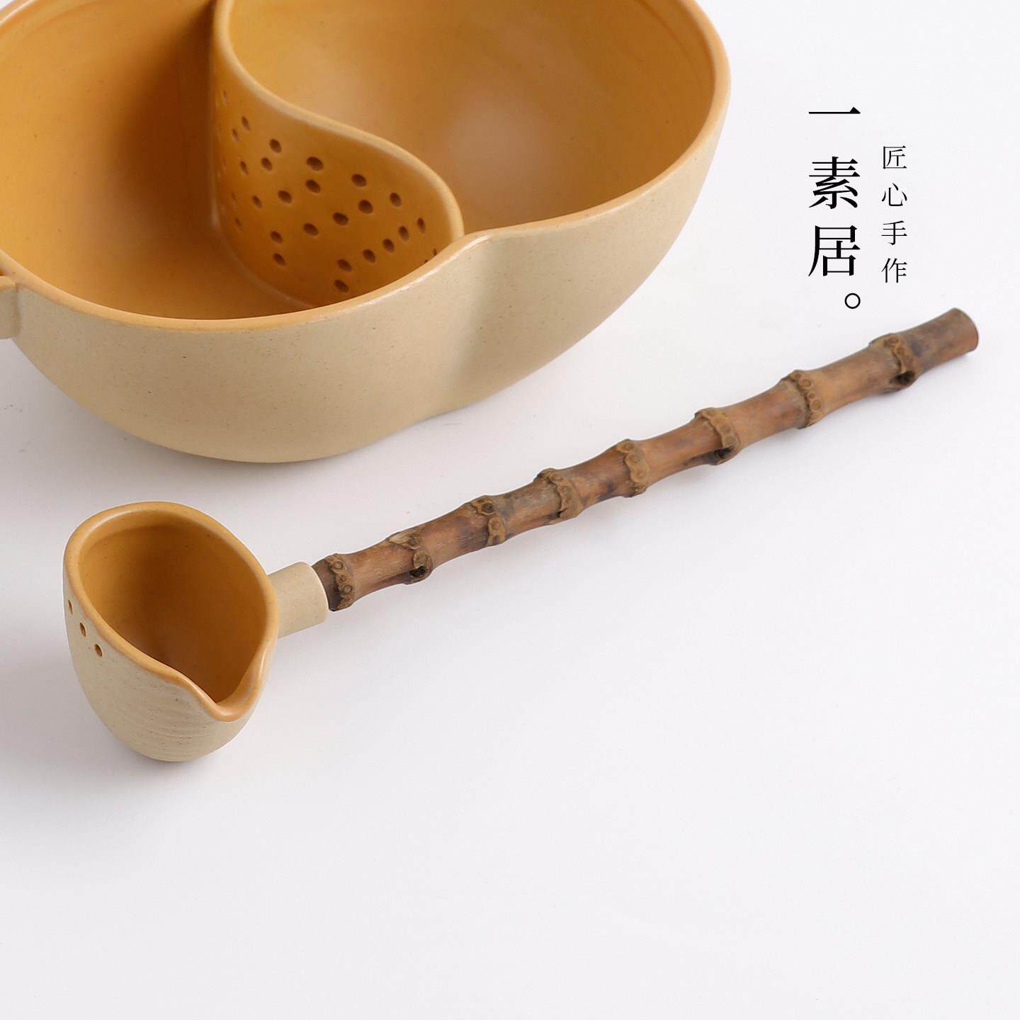 瓷分茶勺防烫分茶RAQ汤茶勺手工竹制木水柄茶勺长柄竹舀煮茶陶舀