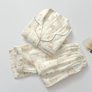 卡通兔睡衣女学生纯棉纱春夏薄款花边翻领开衫长袖长裤家居服套装