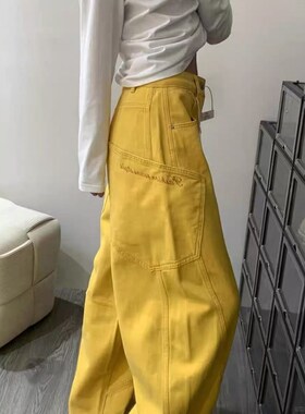 美式复古黄色大口袋弯刀牛仔裤女春秋新款宽松字母刺绣阔腿拖地裤