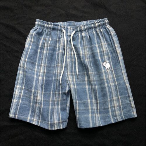 男士夏季蓝色扎染格子短裤男可爱小猫直筒裤子休闲四分家居睡裤女
