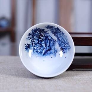 九希堂刘林大师亲荣绘内外绘青花双山流水普洱杯as543216手工茶陶