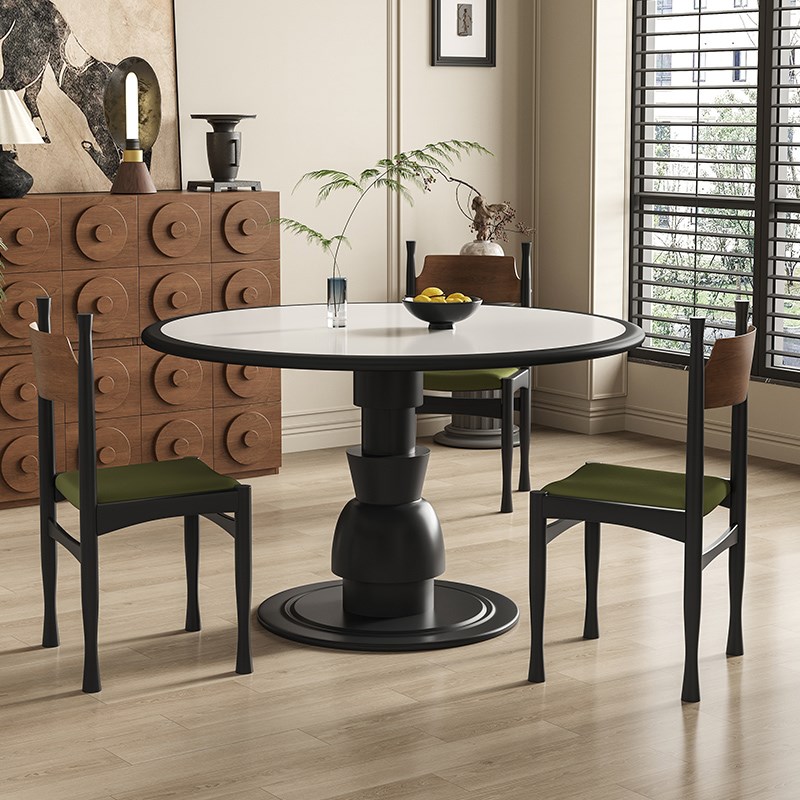 复古内嵌岩板餐桌新款实木包边圆形餐桌中古风家用小户型实木圆桌