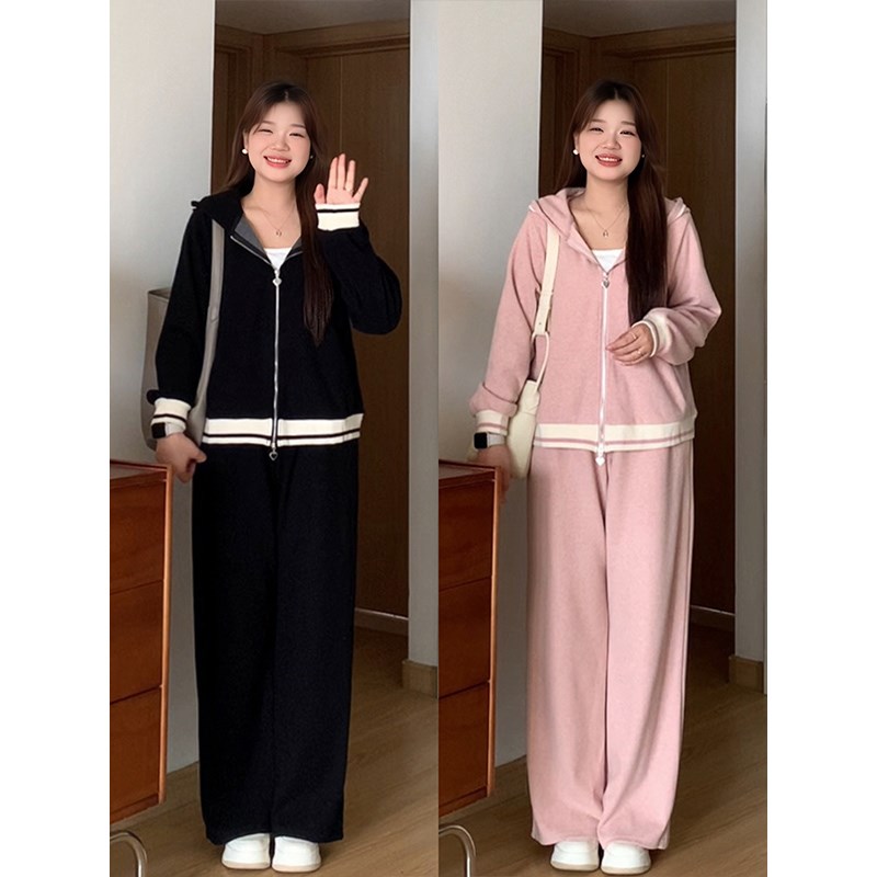 微胖的喵喵 大码女装梨型mm春季显瘦休闲卫衣外套阔腿裤套装 0637