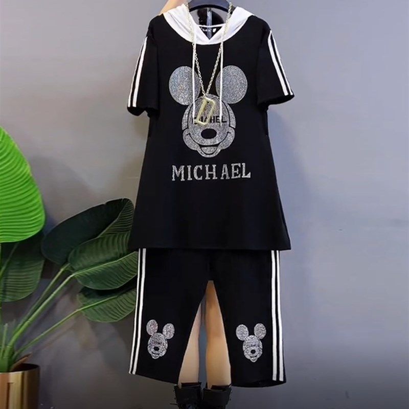 夏季新款胖m大码女装连帽卡通上衣百搭短袖T恤七分休闲裤子两件套,女装/女士精品,大码套装,淘宝优惠券,粉丝福利购,淘宝优惠卷