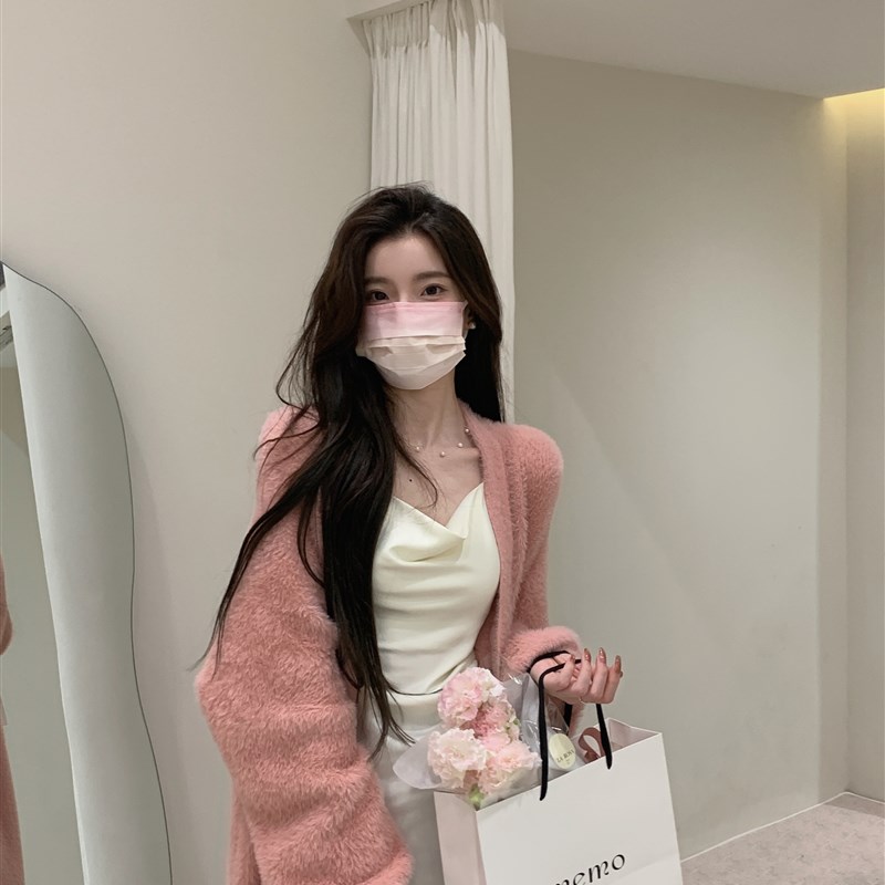 YIYI WANG 奶白/桃粉 长款针织开衫外套女秋毛茸茸宽松仿貂毛上衣