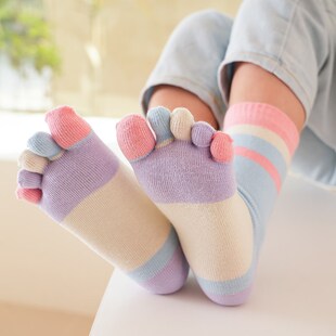 新款儿童彩趾五指袜中筒 拼色秋冬双彩条分趾袜 改善拇指外翻袜子