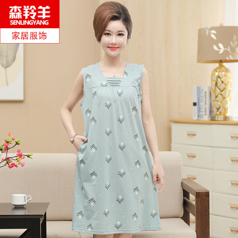 夏季背心纯棉妈妈连衣裙胖mm加大码裙子睡衣女薄款无袖中长款睡裙