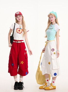 NERESUM星星毛巾绣工装七分裤女美式嘻哈褶皱多口袋阔腿红色短裤