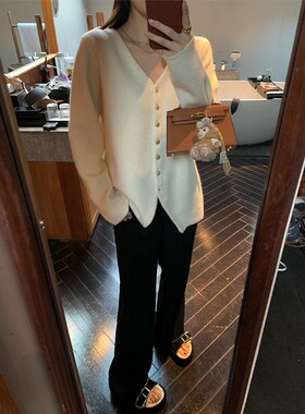NAZ那子大码秋冬新款V领开叉针织开衫胖mm洋气显瘦内搭修身上衣