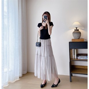 高端法式肌理感网纱蛋糕裙松紧高腰A字中长款半身裙流光纱裙女夏