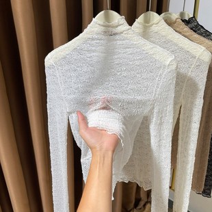 木耳边蕾丝打底衫女2024新款毛衣内搭叠穿高领小衫微透网纱上衣女
