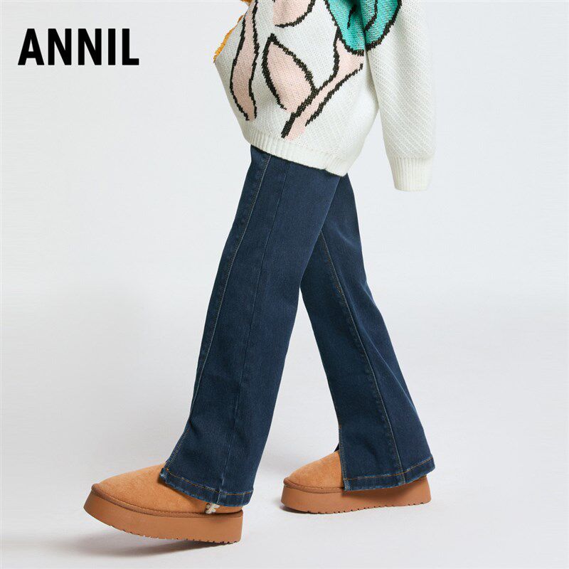 安奈儿女童装牛仔夹裤2025冬新款加绒保暖微喇叭长裤显高显瘦百搭