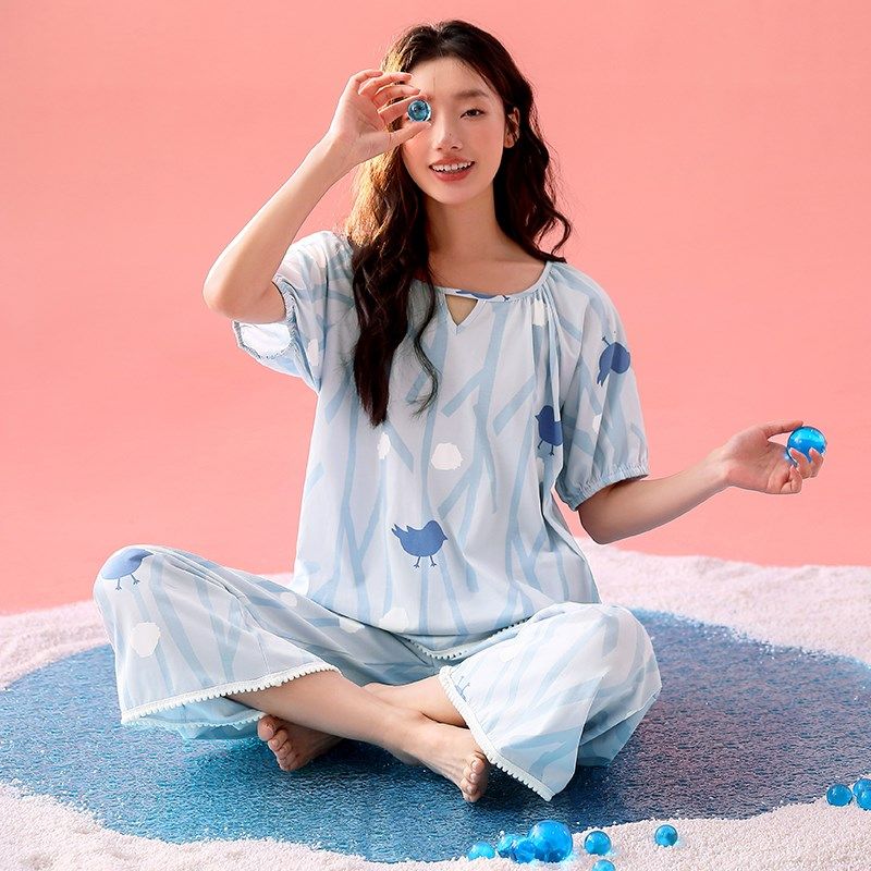 睡衣女夏季凉感纯棉短袖长裤妈妈可爱圆领套头家居服夏天大码套装,女士内衣/男士内衣/家居服,睡衣/家居服套装,淘宝优惠券,粉丝福利购,淘宝优惠卷