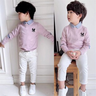 童装2023秋冬假两件儿童针织衫粉色男童毛衣拼条纹男孩套头上衣潮