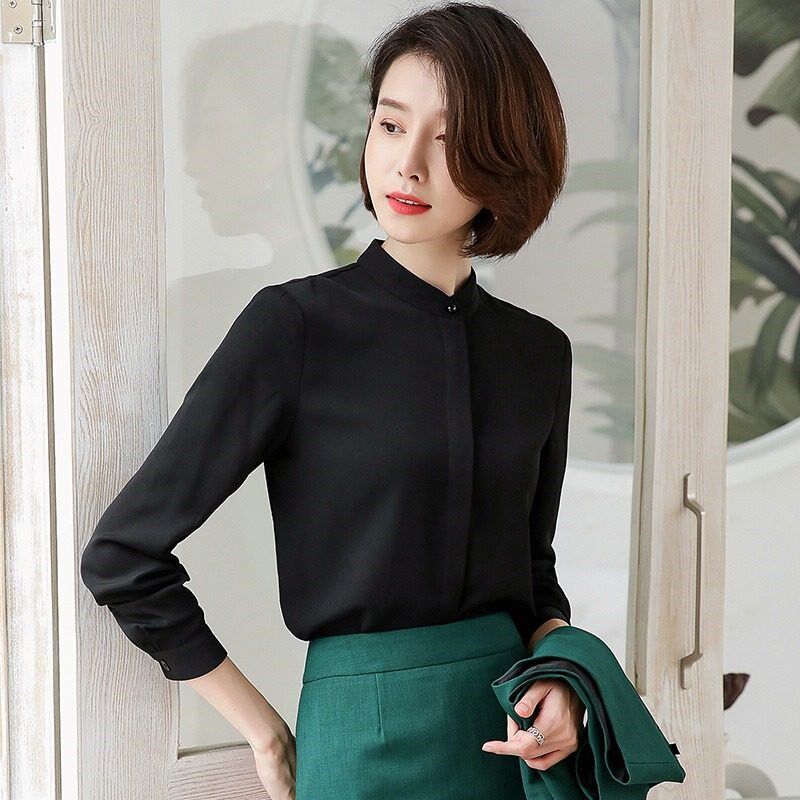 职业白色立领工装衬衫女春秋工作服上衣雪纺气质正装内搭衬衣圆领