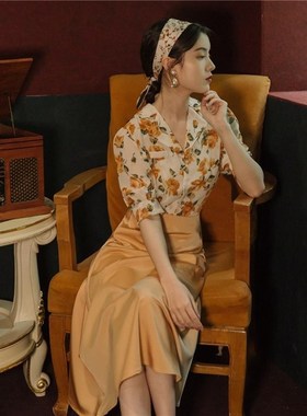 显瘦轻熟两件套裙子复古高腰黄色半身裙气质港风套装女夏花色衬衫
