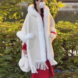 皮草大衣毛绒外套斗篷披肩加绒加厚毛领连帽保暖暗扣带口袋仙女风