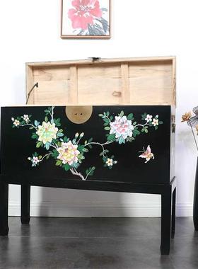 新中式仿餐古彩绘樟木箱实妆木收纳柜嫁箱储物柜字画子箱边RRX柜