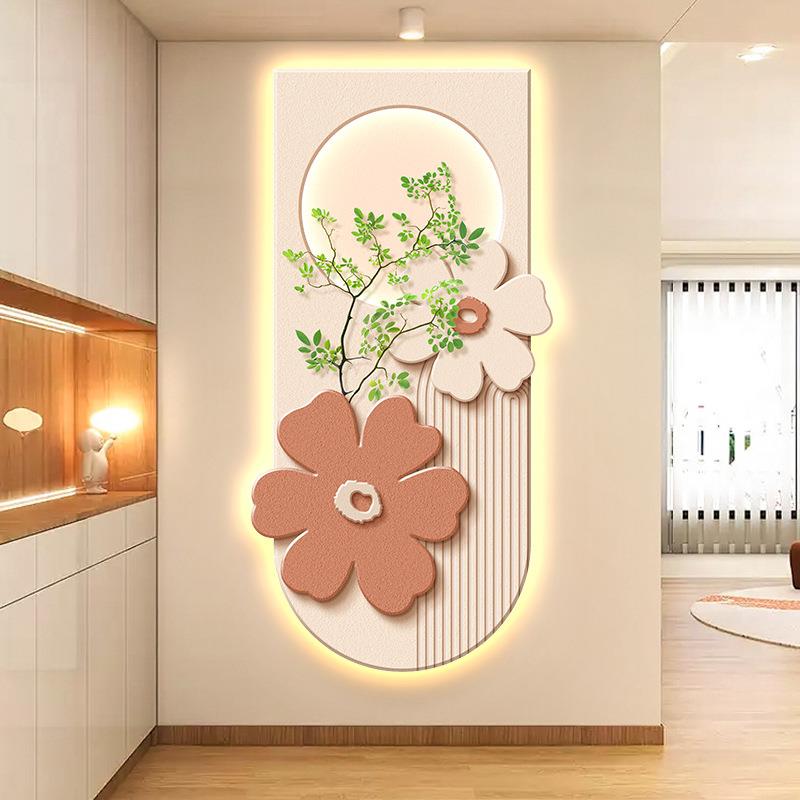 奶油风玄关走装饰画绿竖植花卉廊RDN过道挂画版小厅清新led灯画客
