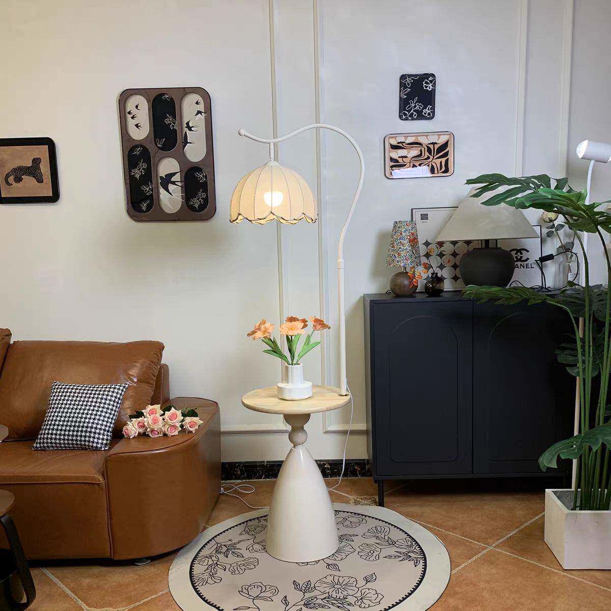 奶油风置物架一体落地灯客厅沙发旁边几摆件氛围灯卧室床头柜台灯