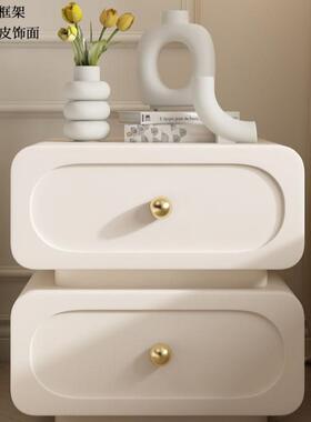 卧约室家用轻奢实WIH木床头柜简现法式奶油风储物柜黑色皮床质代