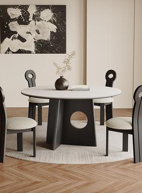 纯白古岩板餐桌蜡法式复风家用圆桌FWG高轻奢端圆形实木餐桌黑色