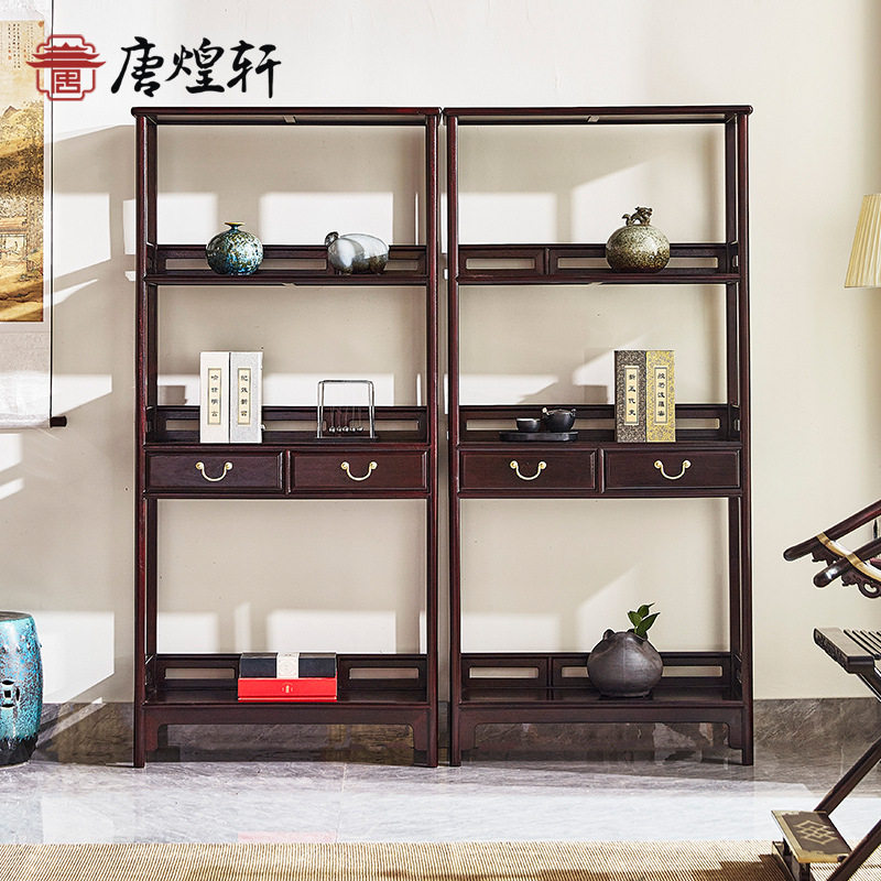 明式家具赞比亚血檀带抽书架落地组合中式实木仿古多层展示架书橱