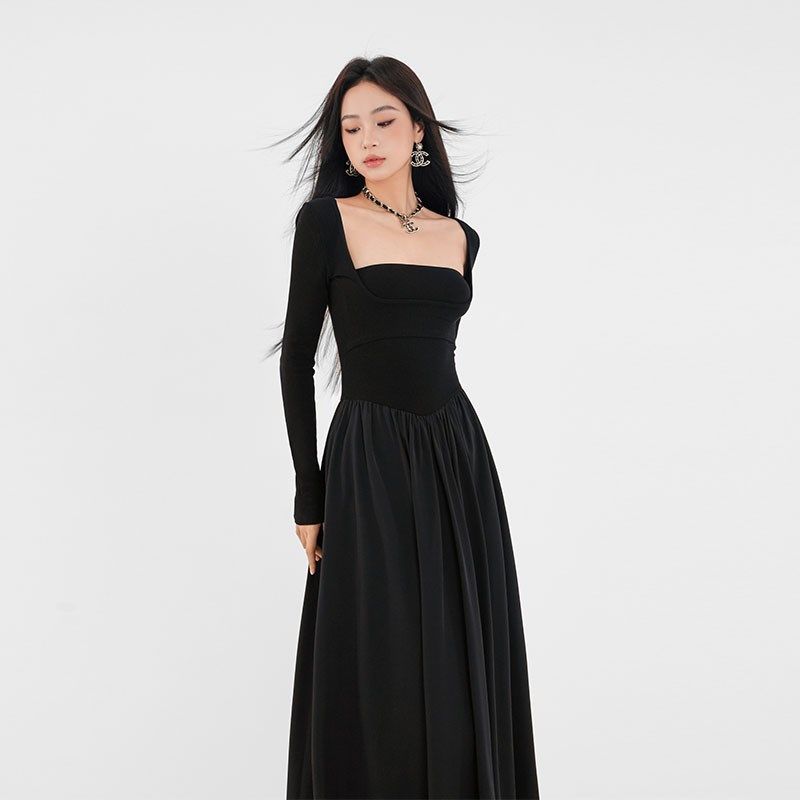 法式修身连衣裙女春秋冬小个子御姐针织袖套打底内搭紧身背心长裙