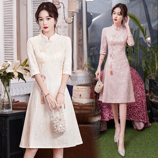 中国风改良旗袍中式绣花蕾丝连衣裙女春秋2024新款礼服气质小个子