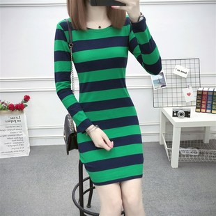棉质包臀中长款 2020秋冬季 打底连衣裙仙女气修身 条纹圆领长袖 新款