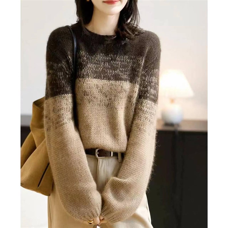 绵羊毛卡布奇诺渐变色秋季北欧显瘦圆领针织毛衣女套头上衣打底衫