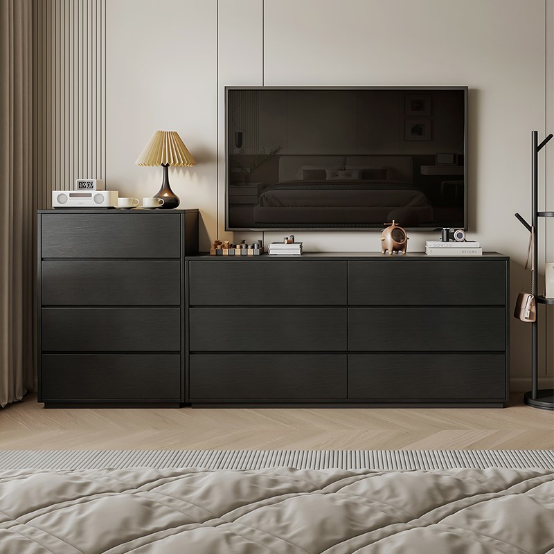 实木六八斗柜极简储物柜客厅卧室置物柜黑色靠墙收纳床尾抽屉柜