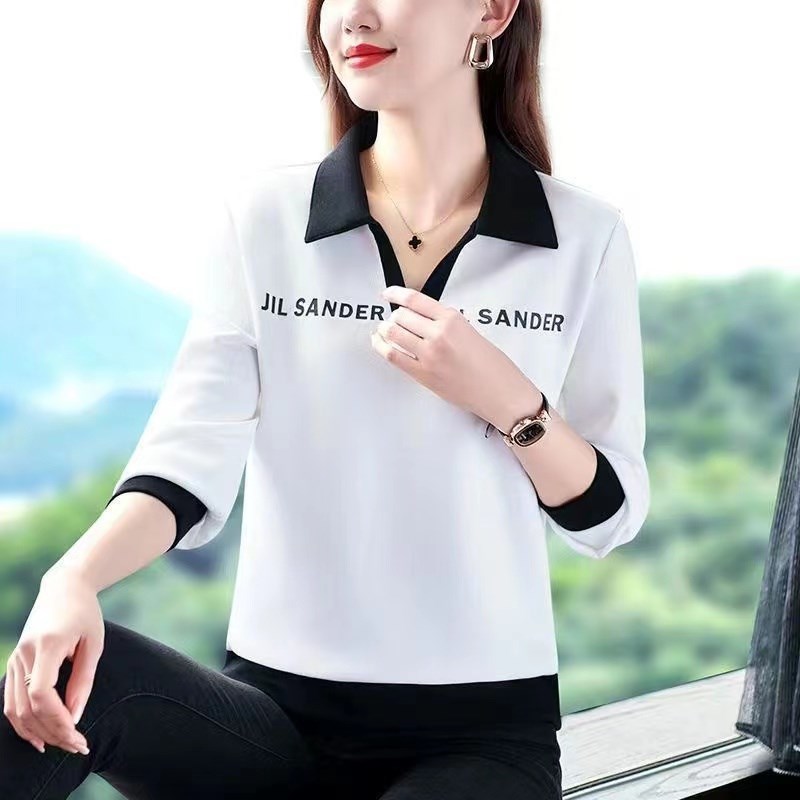 长袖t恤女春秋2024新款洋气妈妈polo衫宽松百搭打底上衣翻领大码