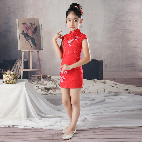 女童旗袍儿童唐装红色中式连衣裙复古中国风小女孩古筝演出服夏季