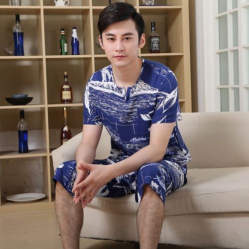 男士棉绸套装夏季舒适睡衣短袖七分裤绵绸家居服青年可外穿沙滩装