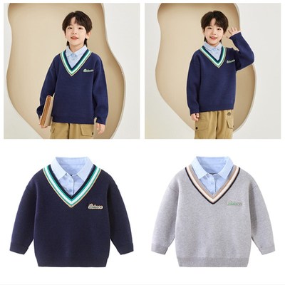 男童假两件毛衣外套学院风2025春季儿童衬衣领套头针织衫8118