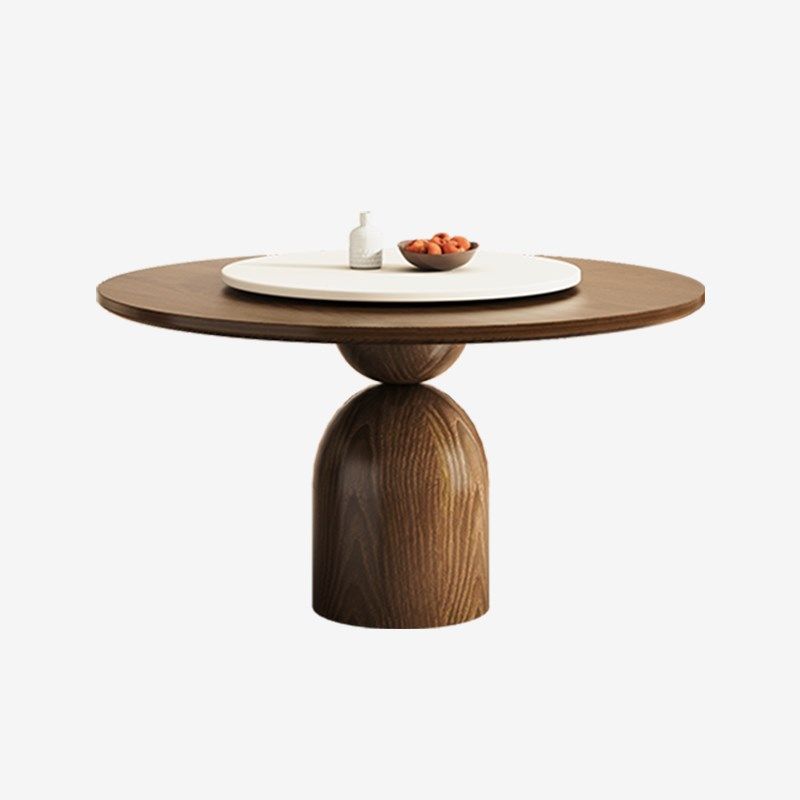 白蜡木中古风圆形餐桌带转盘胡桃色圆桌家用小户型设计师实木餐桌