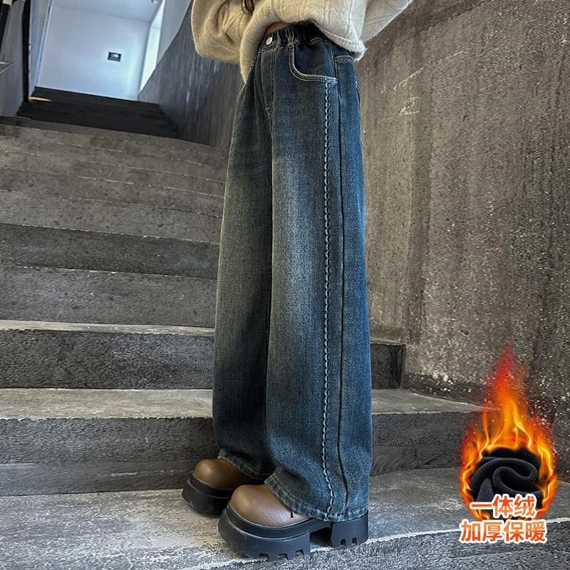 女童加绒裤子秋冬2024新款童装大童加厚直筒阔腿裤儿童冬季牛仔裤