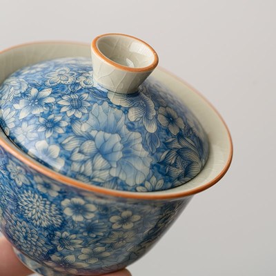 敦铭堂 青花三才盖碗茶杯老陶泥功夫茶具单个高档家用陶瓷泡茶碗