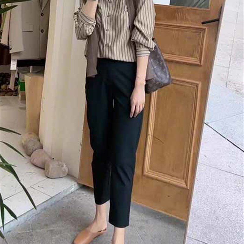 小个子七分休闲裤子女春秋新款高腰宽松八分黑色西裤直筒烟管裤xs
