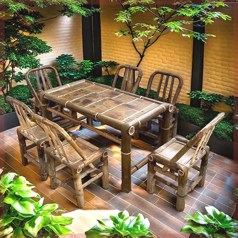 中国风老式桌子竹子桌椅全套户外围炉煮茶桌餐桌茶几办公火锅竹桌