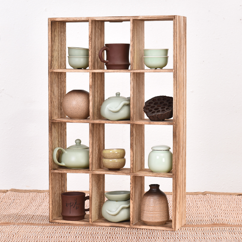 实木茶杯架子茶具架收纳柜茶壶茶杯架 小博古架多宝格 轻烧12格