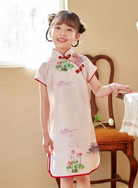 粉蓝配色儿童汉服适用4-14岁女童 古风演出服中国风丝绸旗袍夏季