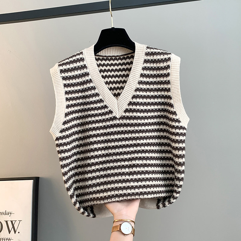 条纹V领针织马甲女毛衣2024春秋季新款时尚洋气宽松背心叠穿上衣,女装/女士精品,马夹,淘宝优惠券,粉丝福利购,淘宝优惠卷