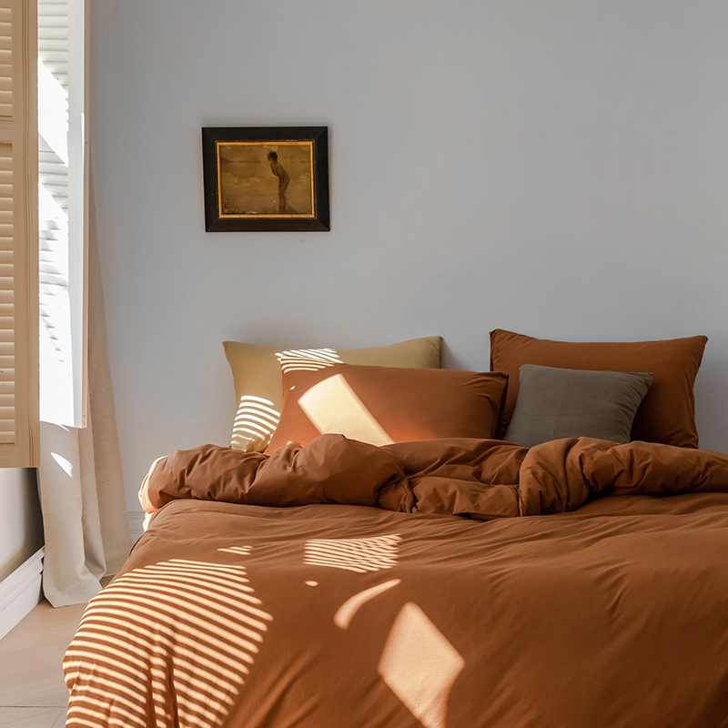 forhome复古焦糖色床品四件套纯棉针织棉亲肤裸睡全棉被套床单