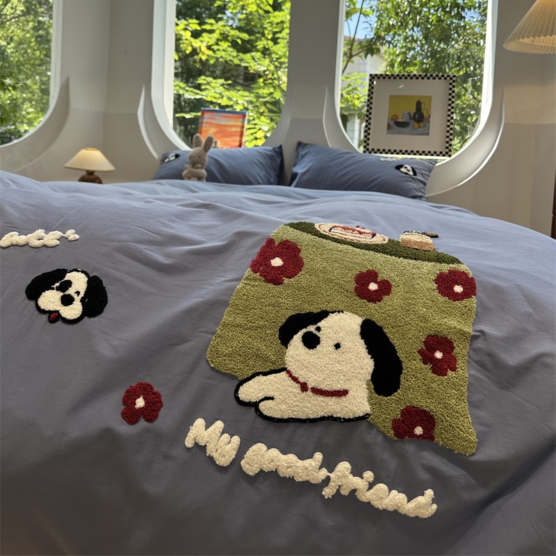 可爱花花小狗毛巾绣水洗棉四件套全棉1.5m1.8米床单被套学生宿舍