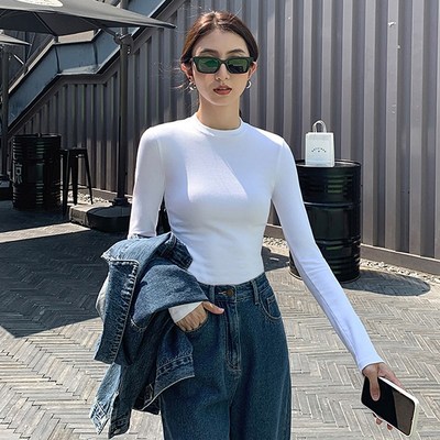 纯棉半高领打底衫女内搭春秋冬2023新款修身黑色德绒加绒长袖上衣