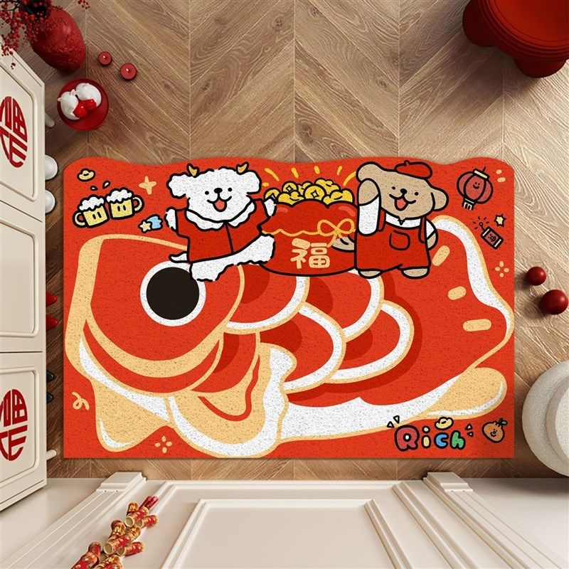 新年红色入户地垫喜庆家用丝圈可裁剪防滑蹭灰大面积全铺线条狗,居家布艺,入户地垫,淘宝优惠券,粉丝福利购,淘宝优惠卷